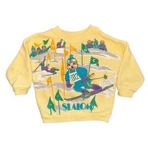 Vintage 80s 90s United Colors of Benetton Yellow Beaver Skiing Snow Sweatshirt